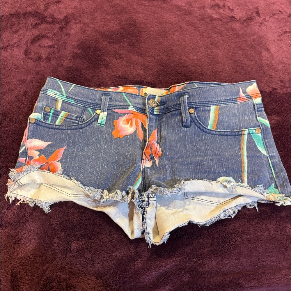 Roxy Floral Print Blue Denim Jean Shorts